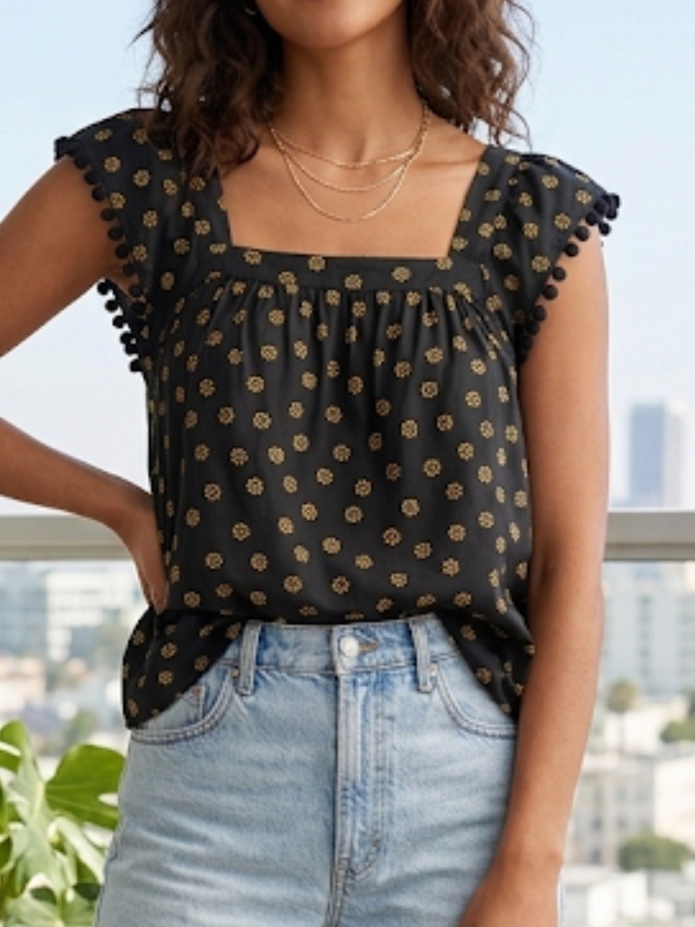 J. Crew Navy Yellow Sunflower Pom Pom Sleeve Top Sz 0